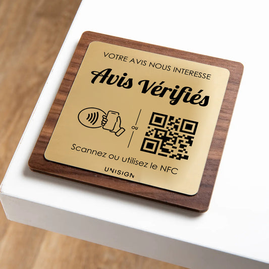 Plaque NFC + QR Code Avis Vérifiés personnalisée – Bois & Couleurs au choix