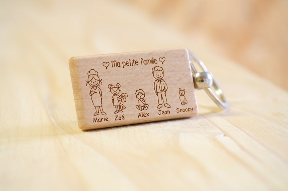 Porte clé en bois personnalisé famille, cadeau original