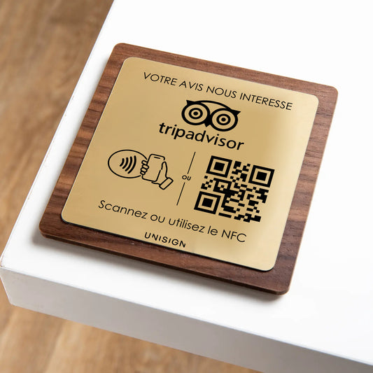 Plaque NFC + QR Code Tripadvisor personnalisée – Bois & Couleurs au choix