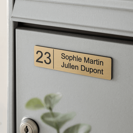 plaque de boite aux lettre gravée dorée