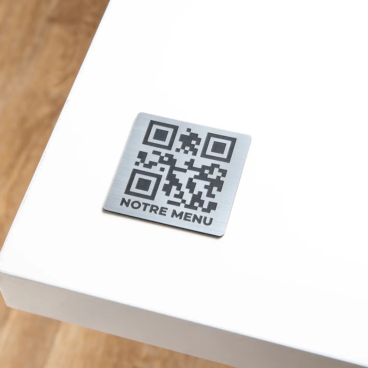 Engraved QR code plate Square with phrase at the bottom