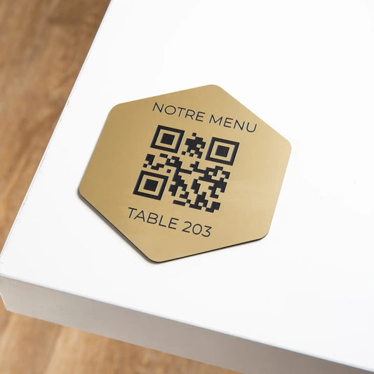 Plaque QR code hexagonal avec numéro de table UNISIGN
