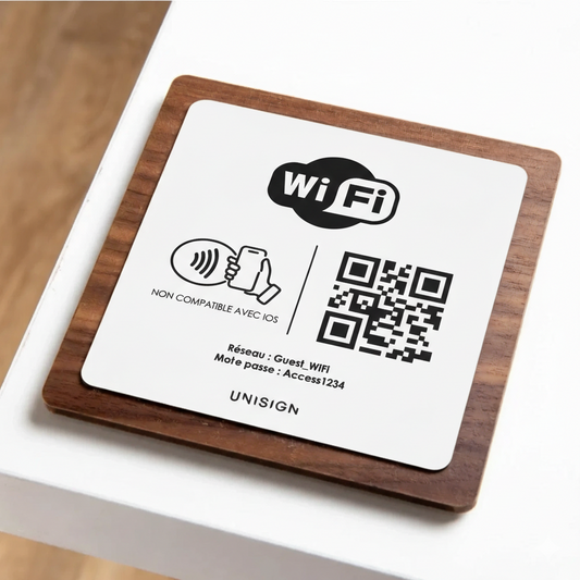 Plaque NFC + QR Code Wi-Fi personnalisée – Bois & Couleurs au choix UNISIGN