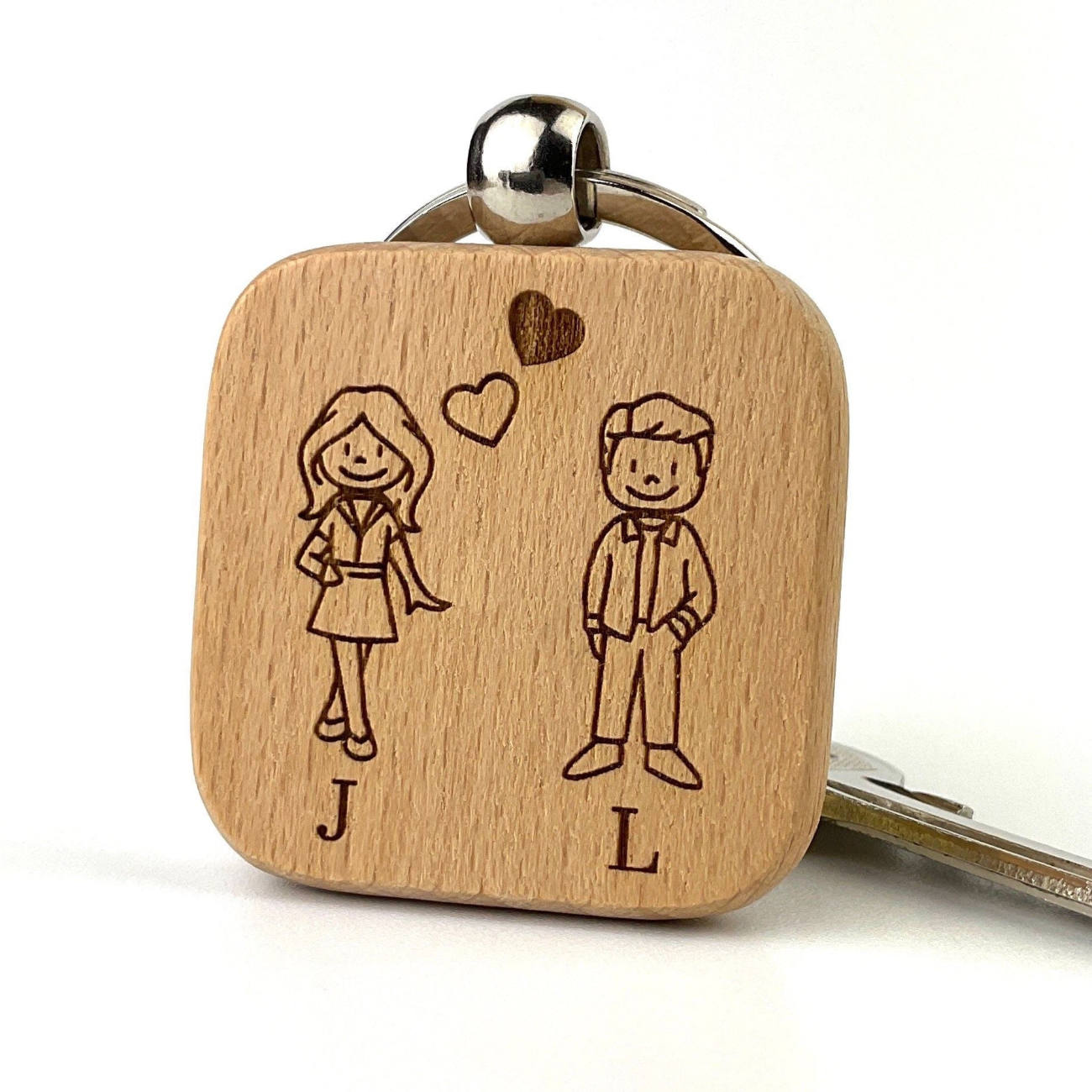 Porte clé personnalisé inox avec personnages, cadeau pour couple