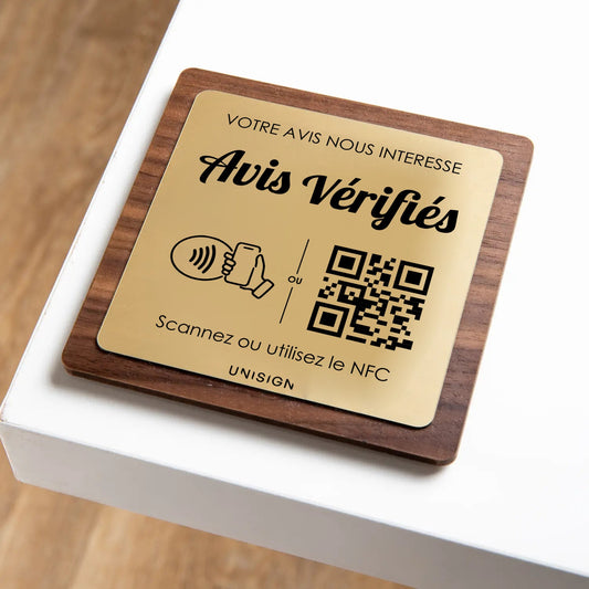 Plaque NFC + QR Code Avis Vérifiés personnalisée – Bois & Couleurs au choix UNISIGN