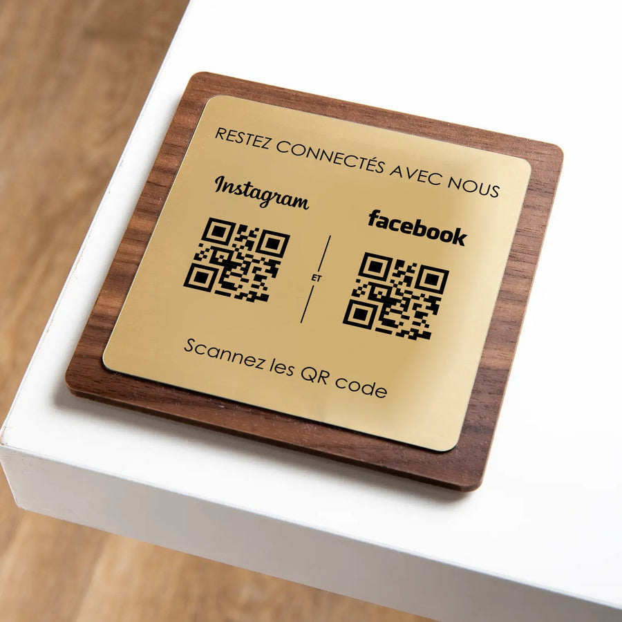 Plaque QR Code Facebook & Instagram – Bois & Couleurs personnalisées UNISIGN
