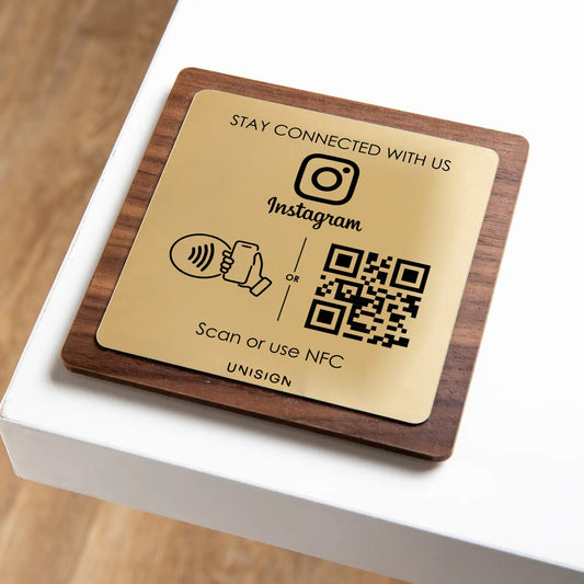 Plaque NFC + QR Code Instagram personnalisée – Bois & Couleurs au choix UNISIGN