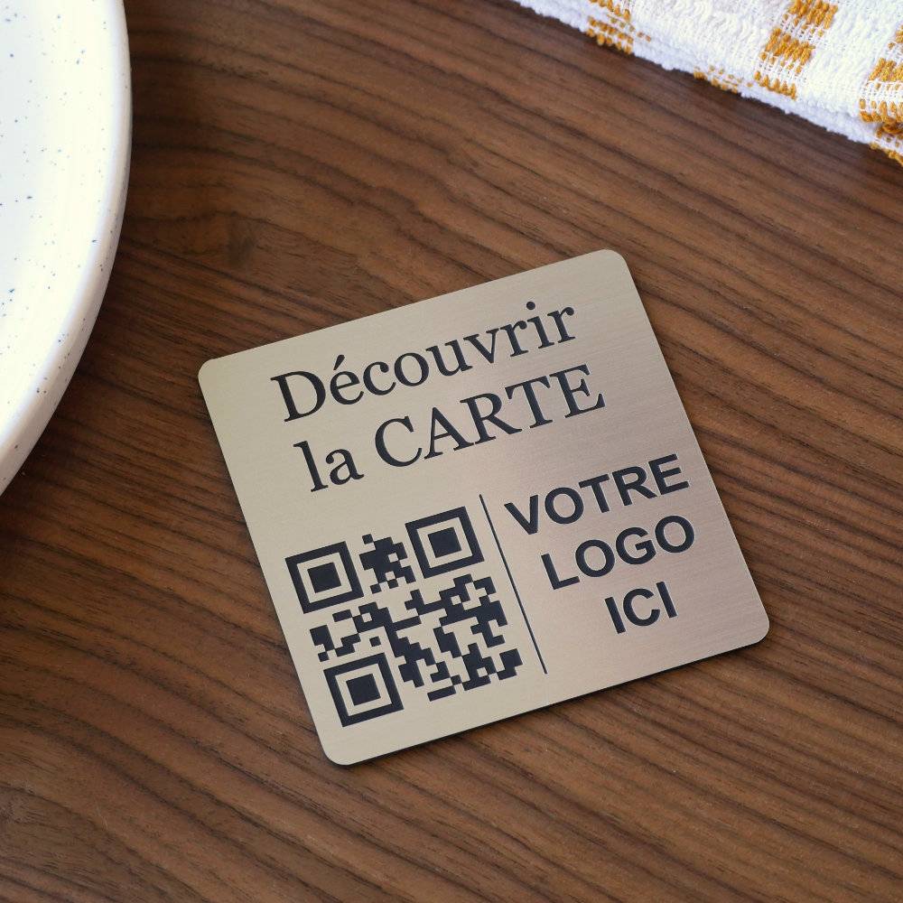 Plaque Qr code avec logo à poser sur table argent