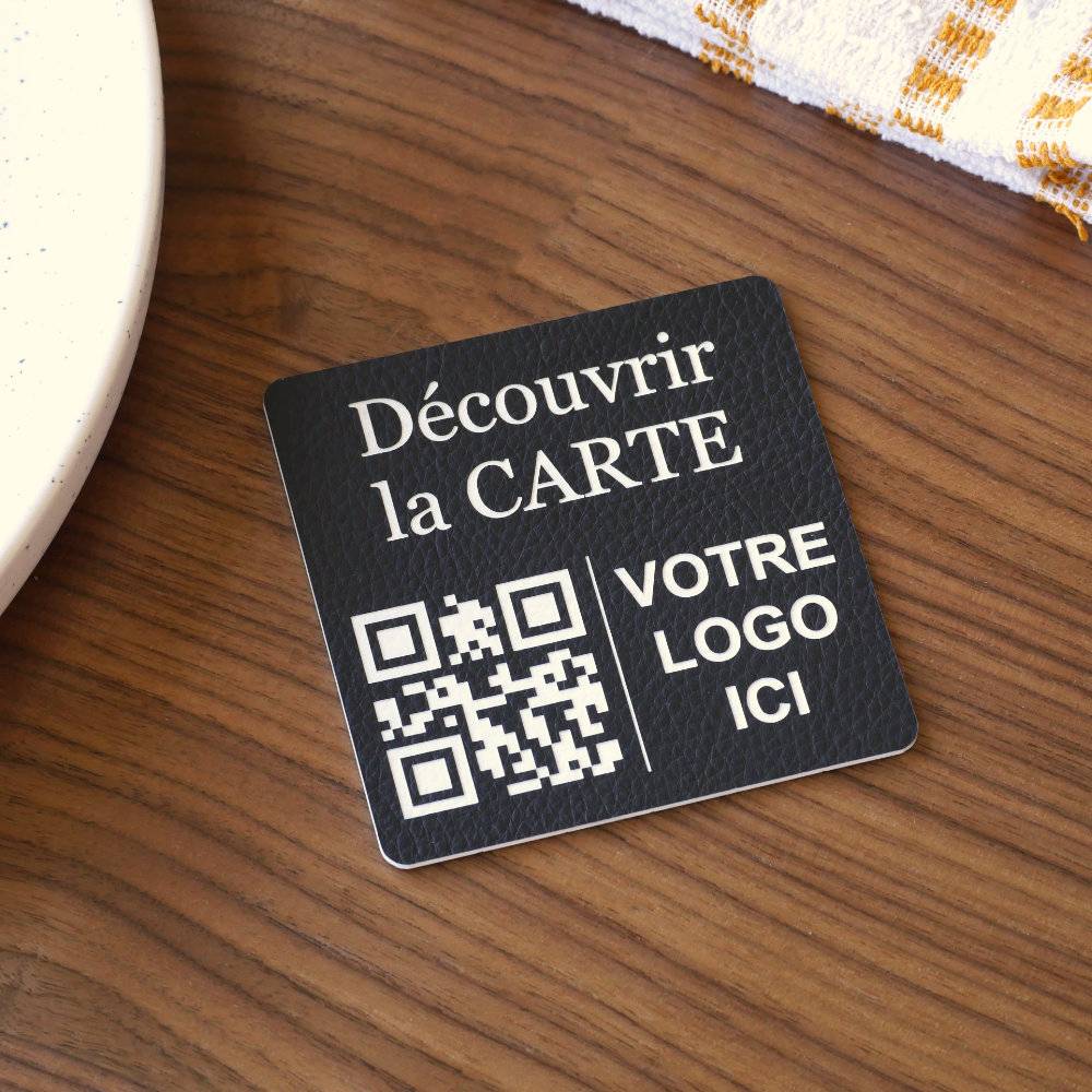 Plaque Qr code avec logo à poser sur table effet noir