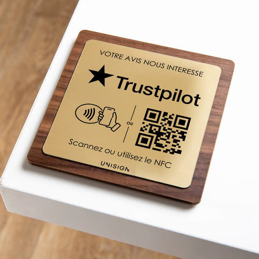 Plaque NFC + QR Code Trustpilot personnalisée – Bois & Couleurs au choix UNISIGN