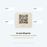 Plaque Unisign gravée d'un QR code, reliée au menu du jour, aux avis Google, au Wi-Fi et à la carte des vins
