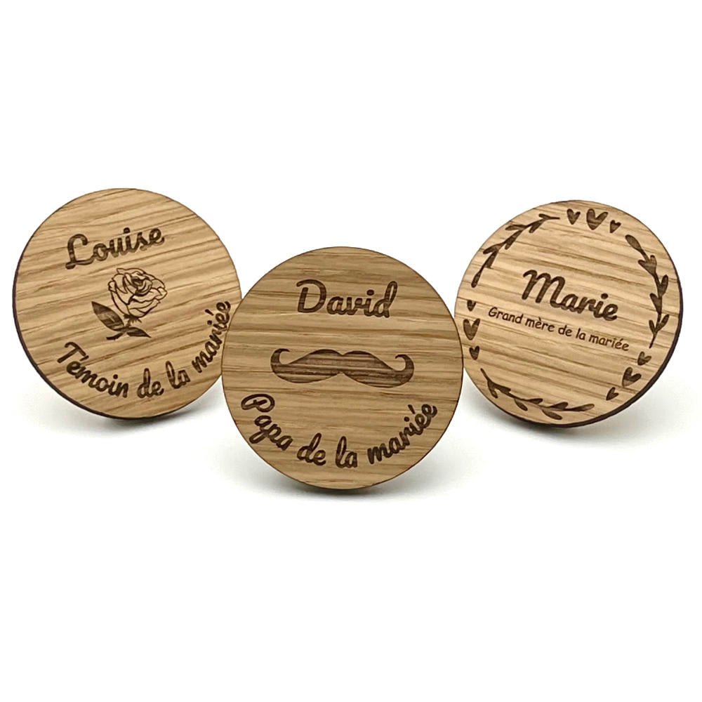 Badge en Bois Personnalisable pour Mariage, Cadeau pour Témoin d'EVJF Champêtre - Unisign