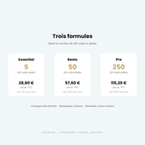 Les trois formules QR Dynamique : Essentiel 5 QR à 28,80 €, Resto 50 QR à 57,60 €, Pro 250 QR à 115,20 € par an