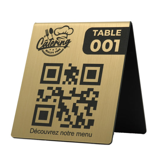 Chevalet QR code menu restaurant avec logo et numéro de table en or